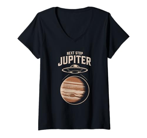 Damen Nächster Halt Jupiter T-Shirt mit V-Ausschnitt von Space Planets System Science Jupiter