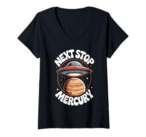 Damen Nächster Halt Merkur T-Shirt mit V-Ausschnitt von Space Planets System Science Mercury