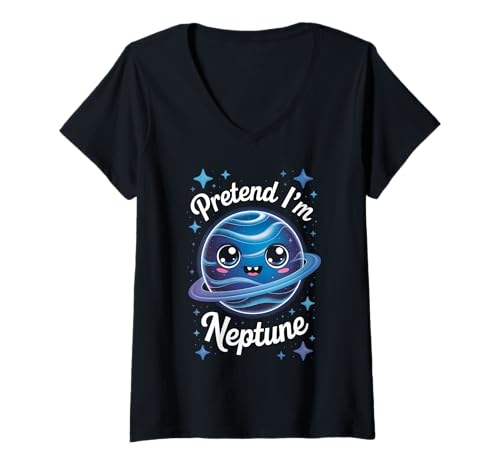 Damen Pretend I'm Neptune T-Shirt mit V-Ausschnitt von Space Planets System Science Neptune
