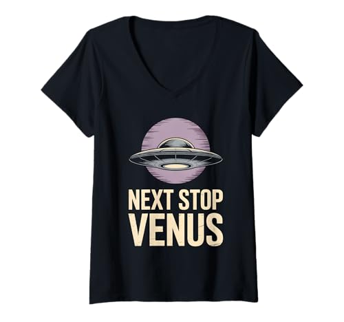 Damen Nächster Halt Venus T-Shirt mit V-Ausschnitt von Space Planets System Science Venus