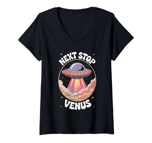 Damen Nächster Halt Venus T-Shirt mit V-Ausschnitt von Space Planets System Science Venus