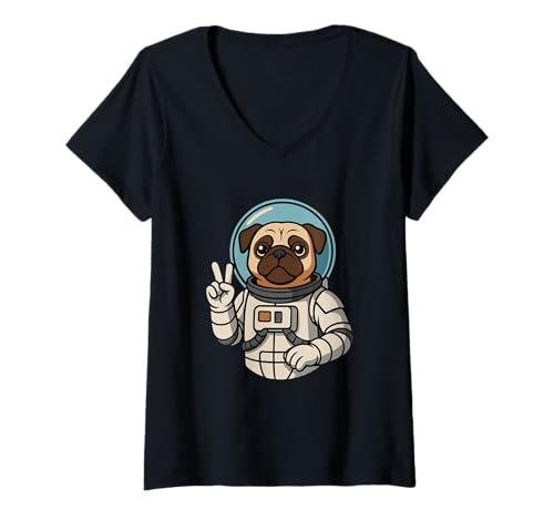 Damen Niedlicher Mops Astronaut Space Explorer Art T-Shirt mit V-Ausschnitt Damen Niedlicher Mops Astronaut Space Explorer Art T-Shirt mit V-Ausschnitt von Space Pug Galactic Adventure Apparel