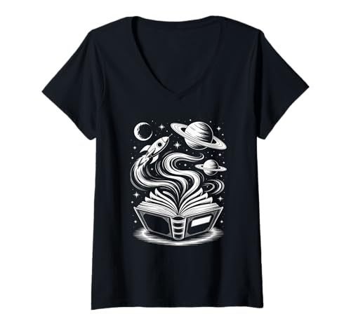 Damen Novelty Universe Books Galaxy Adventure Drawing für Damen und Herren T-Shirt mit V-Ausschnitt von Space Rocket Planets Fantasy Art Reading Space
