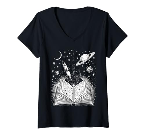 Damen Novelty Universe Books Galaxy Adventure Drawing für Damen und Herren T-Shirt mit V-Ausschnitt Damen Novelty Universe Books Galaxy Adventure Drawing für Damen und Herren T-Shirt mit V-Ausschnitt von Space Rocket Planets Fantasy Art Reading Space