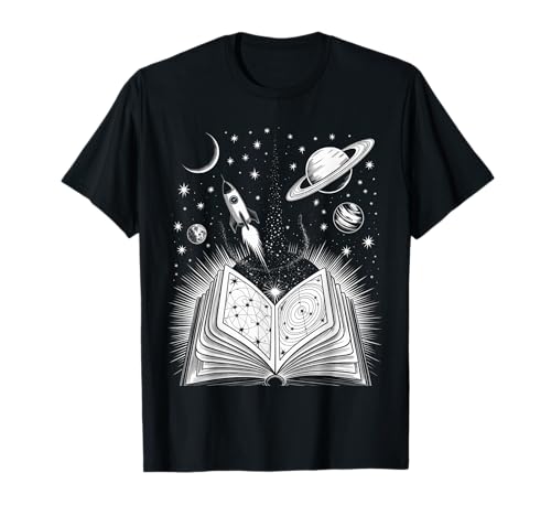 Novelty Universe Books Galaxy Adventure Drawing für Damen und Herren T-Shirt Novelty Universe Books Galaxy Adventure Drawing für Damen und Herren T-Shirt von Space Rocket Planets Fantasy Art Reading Space