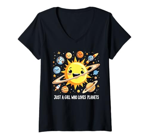 Damen Just A Girl Who Loves Planets Solar Space Science Lover Girl T-Shirt mit V-Ausschnitt Damen Just A Girl Who Loves Planets Solar Space Science Lover Girl T-Shirt mit V-Ausschnitt von Space Science Lover Boys Girls Tees