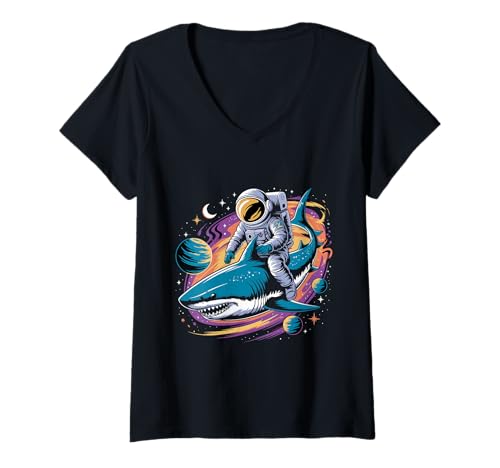 Damen Space Shark Galaktischer kosmischer Raumfahrer reitet auf einem Hai T-Shirt mit V-Ausschnitt Damen Space Shark Galaktischer kosmischer Raumfahrer reitet auf einem Hai T-Shirt mit V-Ausschnitt von Space Shark Co
