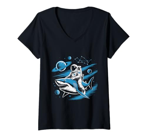 Damen Space Shark Galaktischer kosmischer Raumfahrer reitet auf einem Hai T-Shirt mit V-Ausschnitt Damen Space Shark Galaktischer kosmischer Raumfahrer reitet auf einem Hai T-Shirt mit V-Ausschnitt von Space Shark Co