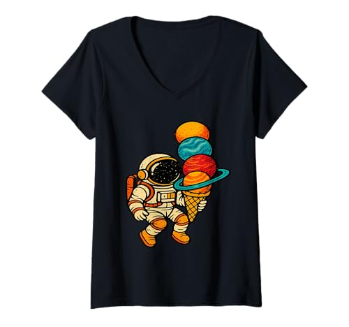 Damen Astronaut hält Planet Eiswaffel bunt lustig T-Shirt mit V-Ausschnitt von Space Snack Society