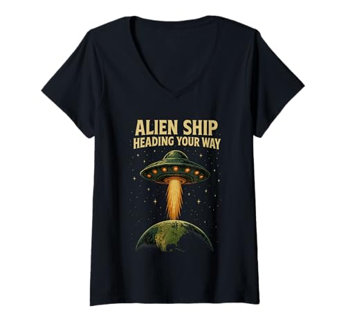 Damen Das Schiff der Weltraum-Aliens von Solar Systems Tees kommt auf Sie zu T-Shirt mit V-Ausschnitt von Space System Alien Store