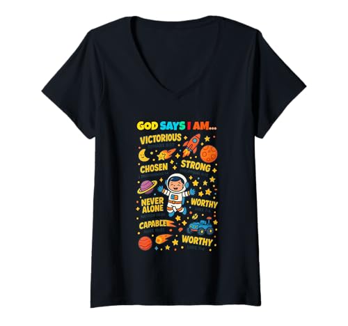 Damen God Says I Am Outer Space Themed Bible Christian Kids Boys T-Shirt mit V-Ausschnitt Damen God Says I Am Outer Space Themed Bible Christian Kids Boys T-Shirt mit V-Ausschnitt von Space Themed Bible Christian Apparel