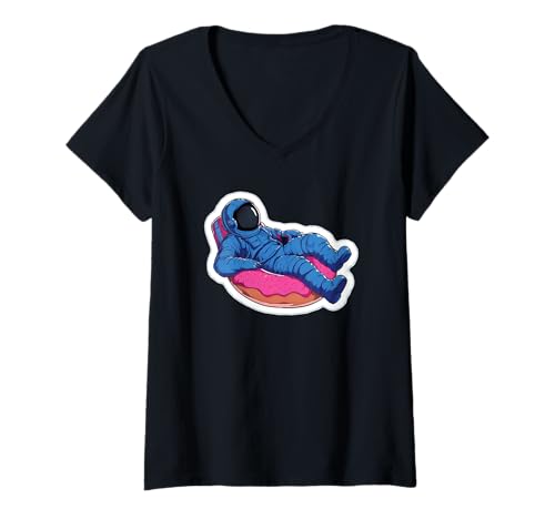 Damen Astronaut chillt auf Donut im All T-Shirt mit V-Ausschnitt Damen Astronaut chillt auf Donut im All T-Shirt mit V-Ausschnitt von Space Vibes Apparel