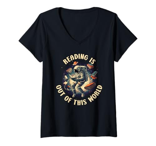 Damen Funny Reading Astronaut in Space Books Library Bookworm T-Shirt mit V-Ausschnitt Damen Funny Reading Astronaut in Space Books Library Bookworm T-Shirt mit V-Ausschnitt von Space and Reading Designs