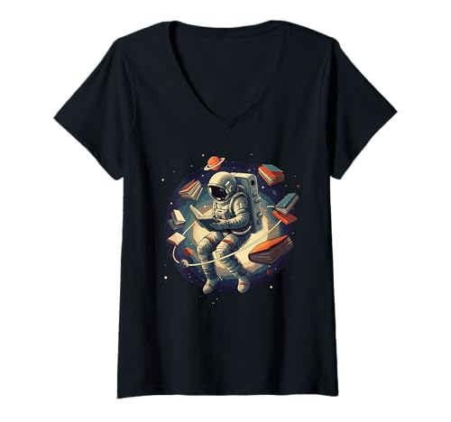 Damen Funny Reading Astronaut in Space Books Library Bookworm T-Shirt mit V-Ausschnitt Damen Funny Reading Astronaut in Space Books Library Bookworm T-Shirt mit V-Ausschnitt von Space and Reading Lover Designs