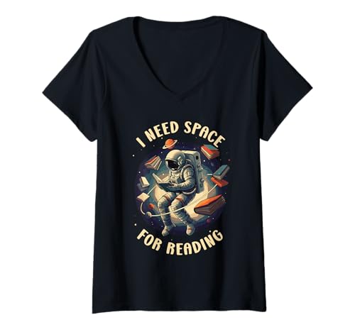 Damen Funny Reading Astronaut in Space Books Library Bookworm T-Shirt mit V-Ausschnitt von Space and Reading Lover Designs