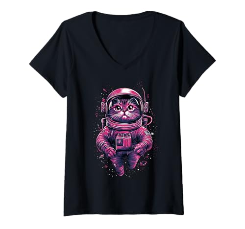 Damen Weltraumkatze Astronaut Kosmische Galaxie Kätzchen T-Shirt mit V-Ausschnitt von Space & Science Tees & Apparel