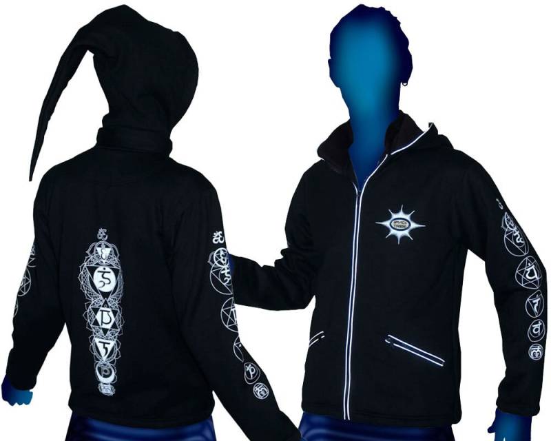 Pixie-Kapuzenjacke "Glo Chakra'. Uv-Aktiver, Im Dunkeln Leuchtender, Trippiger Kapuzenpullover Mit Abnehmbarer Kapuze. Trance Festival Hoodie Pixie-Kapuzenjacke "Glo Chakra'. Uv-Aktiver, Im Dunkeln Leuchtender, Trippiger Kapuzenpullover Mit Abnehmbarer Kapuze. Trance Festival Hoodie von SpaceTribeClothing
