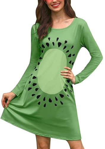 Spadehill Damen Halloween Langarm Rundhals Kostüme Obst bedruckte Taschen A-Linie Minikleid, Grün - Kiwi, X-Groß von Spadehill