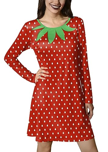 Spadehill Damen Halloween Langarm Obst Gedruckt Kostüme A-Linie Kleid mit Taschen, Rot - Erdbeere, Groß von Spadehill