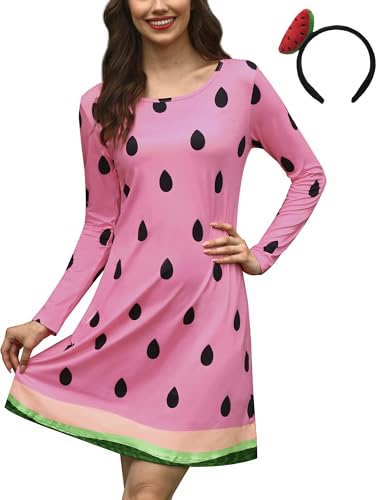 ALIREVERIE Damen Halloween Fruchtdruck Stirnband Kostüm Langarm Minikleid mit Taschen, Wassermelone, Mittel ALIREVERIE Damen Halloween Fruchtdruck Stirnband Kostüm Langarm Minikleid mit Taschen, Wassermelone, Mittel von ALIREVERIE