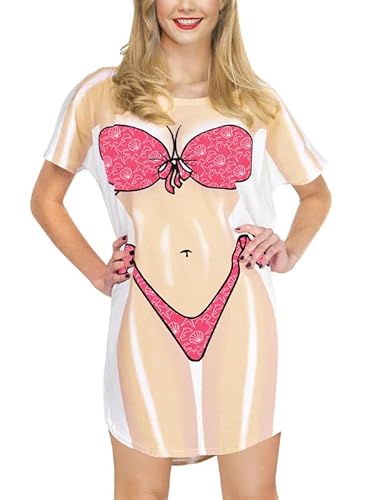 Spadehill Damen Kurzarm Niedlich Bikini Print Baggy Bademode Cover-Up, Pink, XL von Spadehill