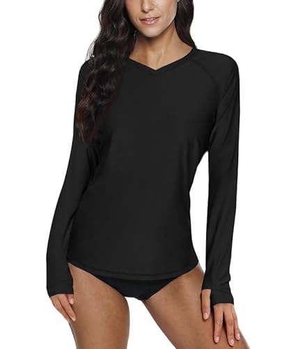 Spadehill Damen Rashguard mit V-Ausschnitt, langärmelig, Daumenloch, Schwimmshirt, Oberteil, Schwarz, Large von Spadehill