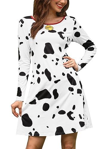 ALIREVERIE Damen Halloween Grafik Party Trendy Mini Loose Fit Kleid Obst A-Linie Urlaub Lustiges Erwachsenenkostüm Weiße Dalmatiner M von ALIREVERIE