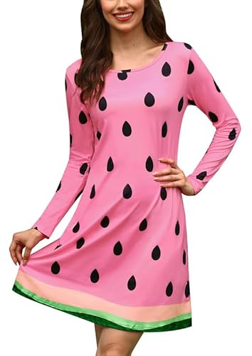 Spadehill Frauen Spaß Langarm Obst gedruckt Kostüme Kleid spezielle Halloween Outfit mit Taschen, Wassermelone, L von Spadehill