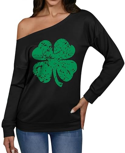 Spadehill St Patricks Day Damen Schulterfrei Shirts, Black Lucky Clover, M von Spadehill