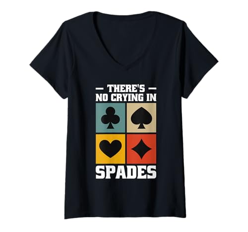 Damen Retro Spades Bash Design Männer Frauen - Karten Spieleabend T-Shirt mit V-Ausschnitt von Spades Trick Taking Kartenspiel Überraschung