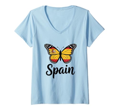 Damen Spanien-Flagge, Schmetterling, spanische Wurzeln, Stolz T-Shirt mit V-Ausschnitt von Spain Flag Spanish Roots