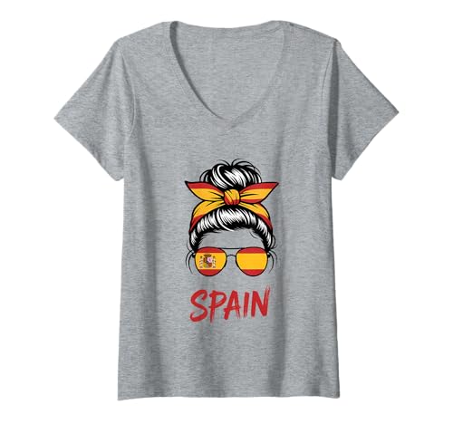 Damen Spanien Flagge Messy Bun Girl Spanish Roots T-Shirt mit V-Ausschnitt Damen Spanien Flagge Messy Bun Girl Spanish Roots T-Shirt mit V-Ausschnitt von Spain Flag Spanish Roots
