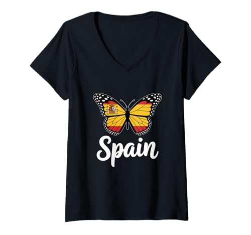 Damen Spanien Flagge Schmetterling Spanische Wurzeln T-Shirt mit V-Ausschnitt von Spain Flag Spanish Roots