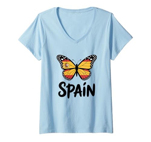 Damen Spanien Flagge Spanische Wurzeln Schmetterling Pride T-Shirt mit V-Ausschnitt von Spain Flag Spanish Roots