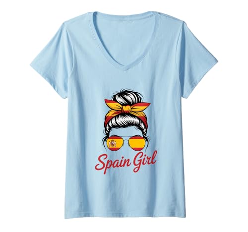 Damen Spanien Girl Messy Bun Spanische Flagge T-Shirt mit V-Ausschnitt von Spain Flag Spanish Roots