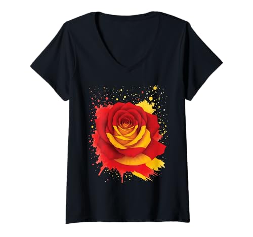 Damen Spanien Rose Flagge T-Shirt mit V-Ausschnitt von Spain Flaower
