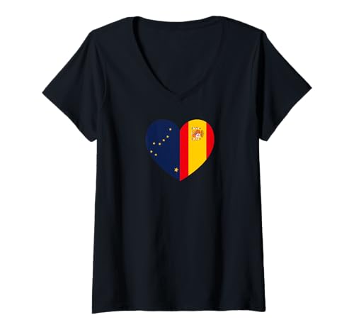 Damen Alaska and Spain Flags: Heart Shaped Unity T-Shirt mit V-Ausschnitt von Spain Love Pride Merch