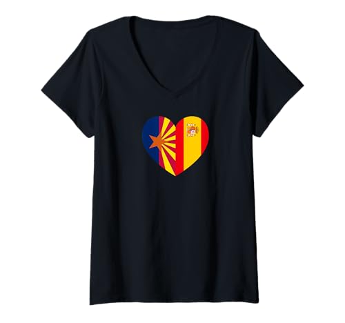 Damen Arizona and Spain Flags: Heart Shaped Unity T-Shirt mit V-Ausschnitt von Spain Love Pride Merch