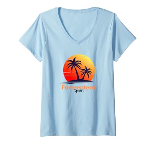 Damen Formentera Balearen Spanisches Souvenir Palmen T-Shirt mit V-Ausschnitt von Spain Travel Formentera Souvenir & Beach Lovers
