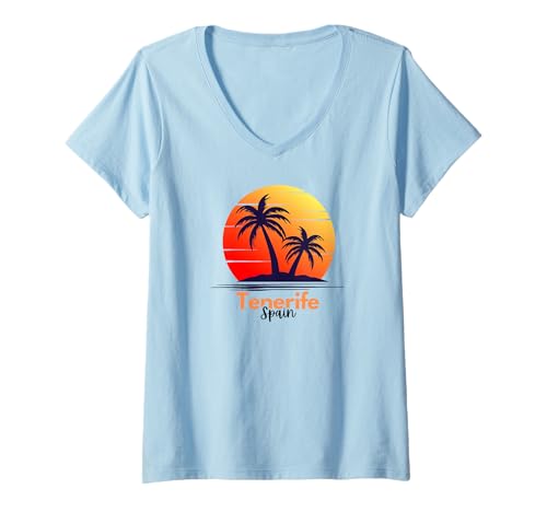 Damen Teneriffa Kanarische Inseln Spanische Souvenir Palmen T-Shirt mit V-Ausschnitt von Spain Travel Tenerife Souvenir & Beach Lovers