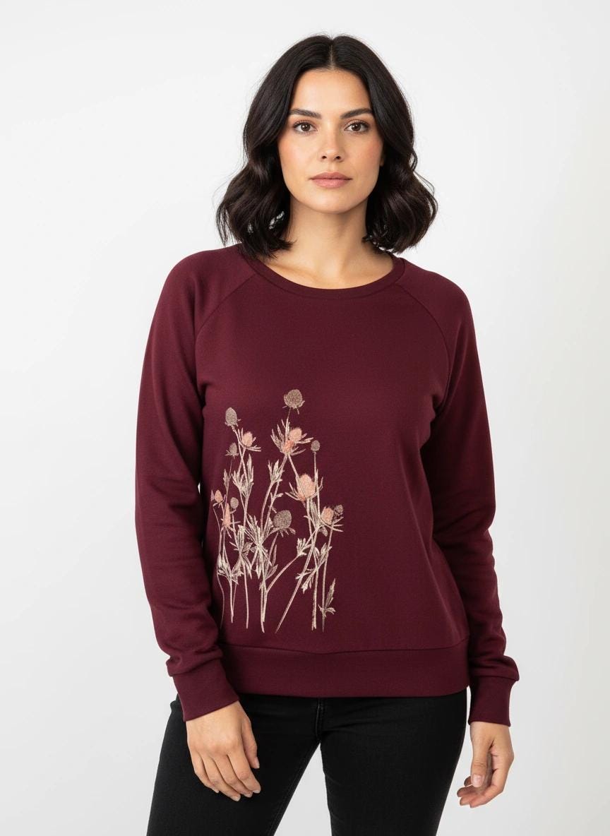 Pullover, "Distel" Burgund, Sweatshirt, Damen, Bedruckt, Bio-Baumwolle von Spangeltangel
