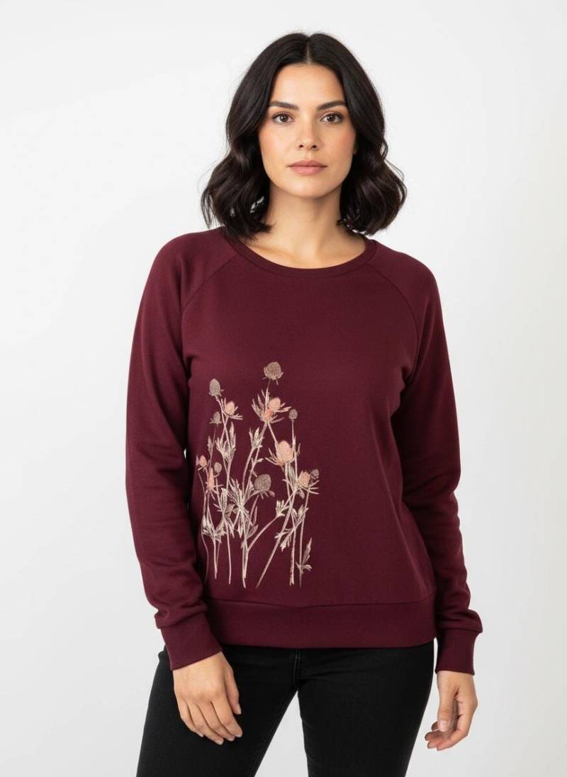 Pullover, "Distel" Burgund, Sweatshirt, Damen, Bedruckt, Bio-Baumwolle von Spangeltangel