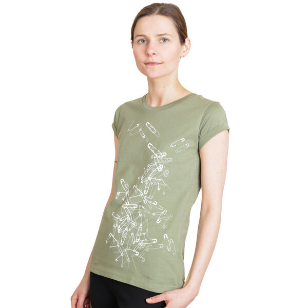 Spangeltangel Damen T-Shirt aus Bio-Baumwolle „Sicherheitsnadeln“ khaki von Spangeltangel