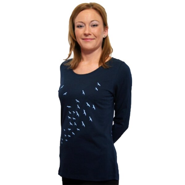 Spangeltangel Langarm Shirt "Vogelschwarm", dunkelblau, Damenshirt, Siebdruck von Spangeltangel