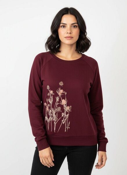 Spangeltangel Pullover, "Distel" burgund, Sweatshirt, Damen, bedruckt, Bio-Baumwolle von Spangeltangel