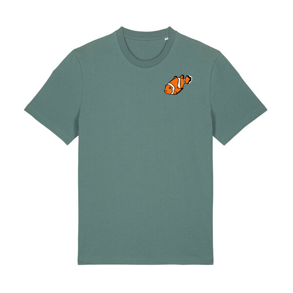 Spangeltangel T-Shirt bedruckt, "Clownfisch", nachhaltig, Biobaumwolle, Brustprint, Herren, Männer, bio, Tiere, Fische, Meer, Ozean von Spangeltangel