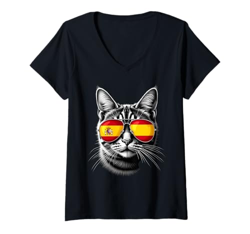 Damen Spanische Flagge Katze Gesicht Sonnenbrille Spanien Flagge T-Shirt mit V-Ausschnitt von Spanish Flag Designs