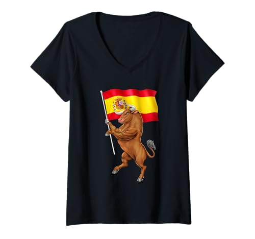 Damen Spanischer Stier Spanien Flagge Stolzes spanisches Erbe T-Shirt mit V-Ausschnitt Damen Spanischer Stier Spanien Flagge Stolzes spanisches Erbe T-Shirt mit V-Ausschnitt von Spanish Flag Spain Heritage