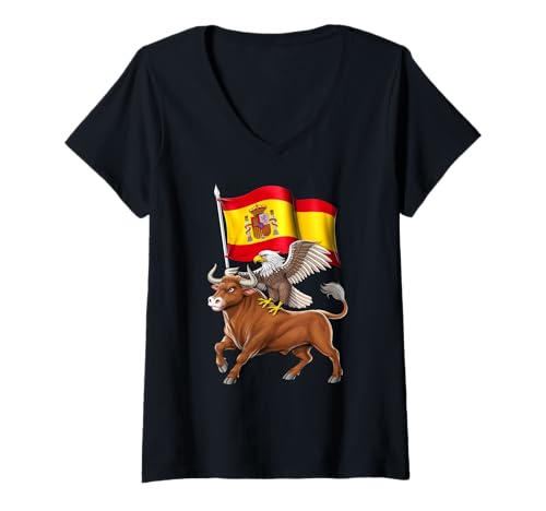 Damen Spanischer Stier Spanien Flagge Stolzes spanisches Erbe T-Shirt mit V-Ausschnitt Damen Spanischer Stier Spanien Flagge Stolzes spanisches Erbe T-Shirt mit V-Ausschnitt von Spanish Flag Spain Heritage
