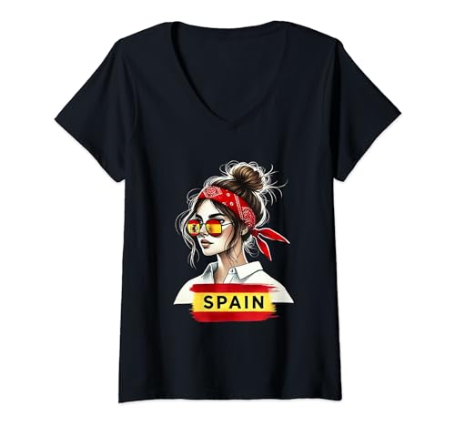 Damen Spanien Mädchen Frau Flagge Spanien Trikot 2024 T-Shirt mit V-Ausschnitt von Spanish Girl Spain girl Spanien woman flag